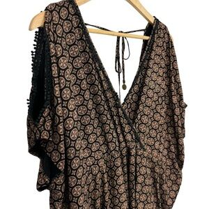 Trendsetter Boho Tunic Top Womens XL Brown Black Cold Shoulder Relaxed Shirt EUC